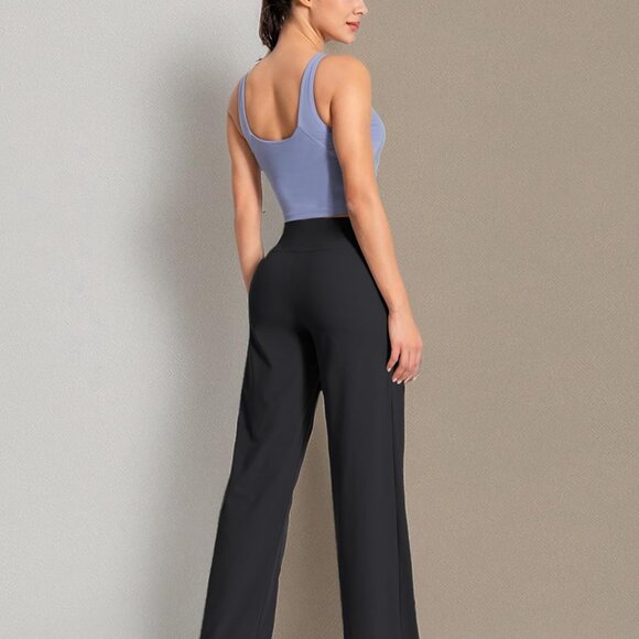 Black High Waist Wide Legs Yoga Pants with Pockets, 35" Inseam, Tummy Control - Picture 6 of 6